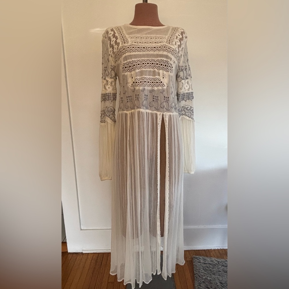 Free People Cream and Gray Long Sleeve Dress